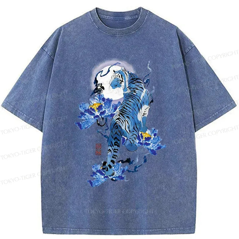 Japanese Blue Tiger Washed T-Shirt for Daily Wear