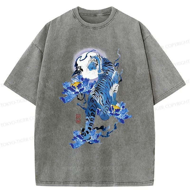Japanese Blue Tiger Washed T-Shirt for Daily Wear