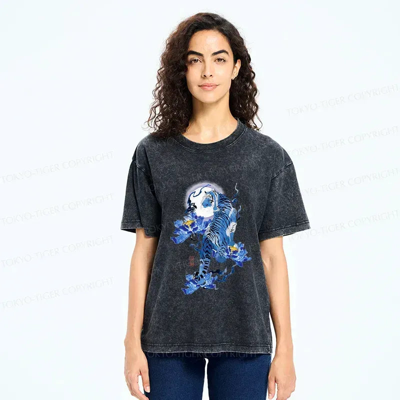 Japanese Blue Tiger Washed T-Shirt for Daily Wear