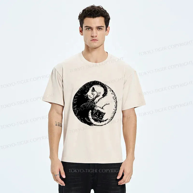 Japanese Yin Yang Cat Washed T-Shirt