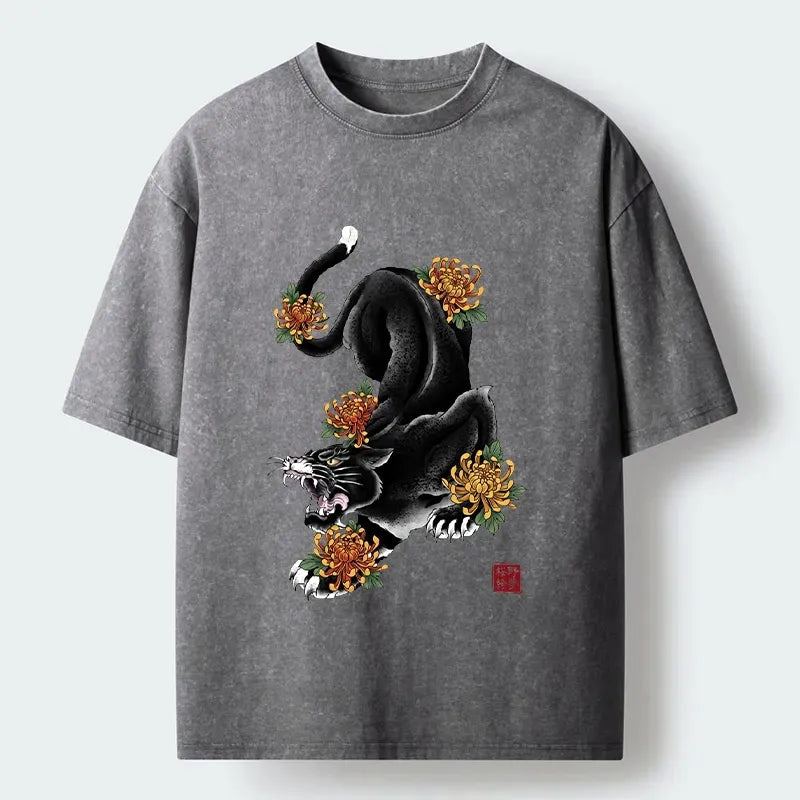 Washed Retro Cat Tee for Streetwear