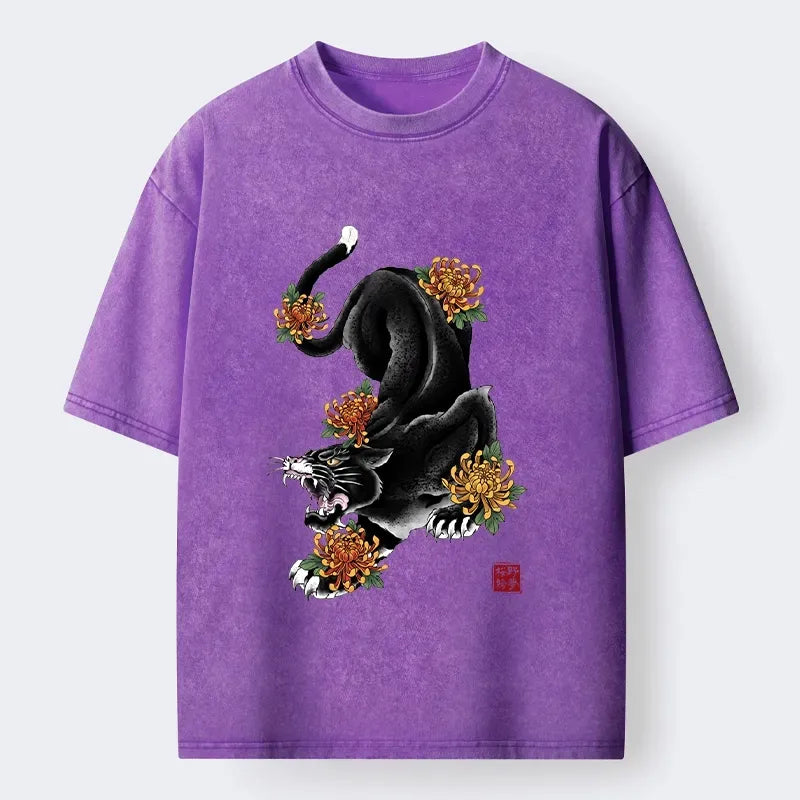 Kyoto-Lion Wild Black Cat Panther Autumn Flower Graphic Washed T-Shirt