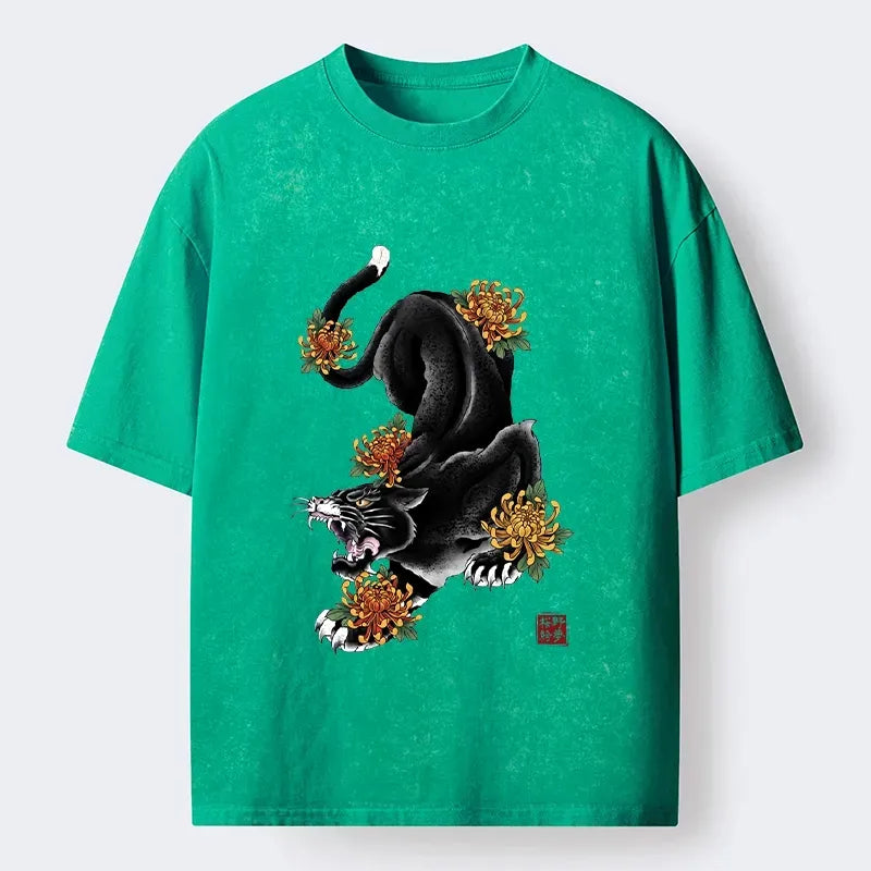 Kyoto-Lion Wild Black Cat Panther Autumn Flower Graphic Washed T-Shirt