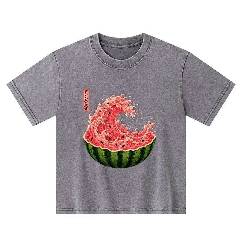 Kyoto-Lion Watermelon Wave Summer Ukiyo Art Kids Washed T-Shirt