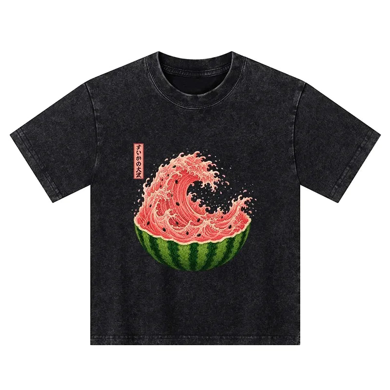 Kyoto-Lion Watermelon Wave Summer Ukiyo Art Kids Washed T-Shirt