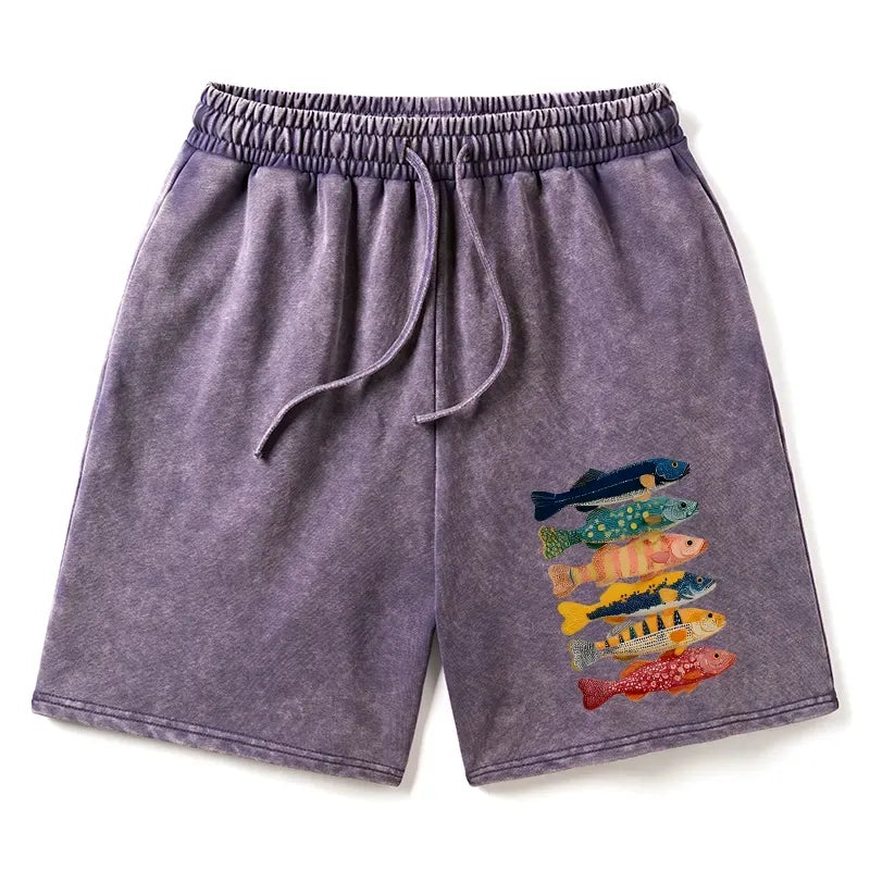 Kyoto-Lion Colorful Fish Art Collection Washed Shorts