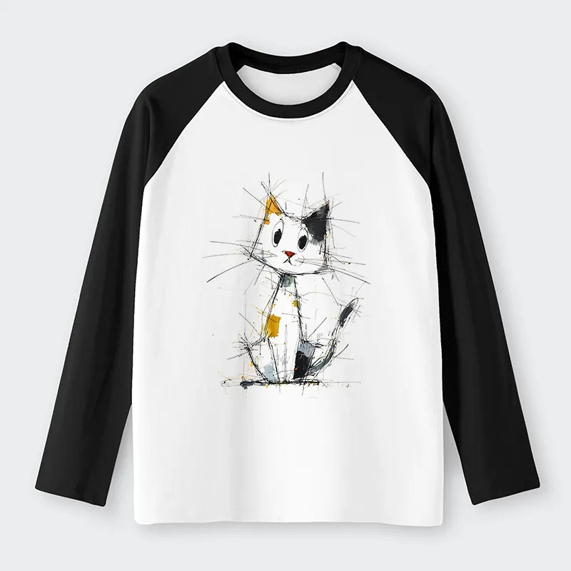 Kyoto-Lion Minimal Splash Ink Cute Cat Raglan Long Sleeve T-shirt