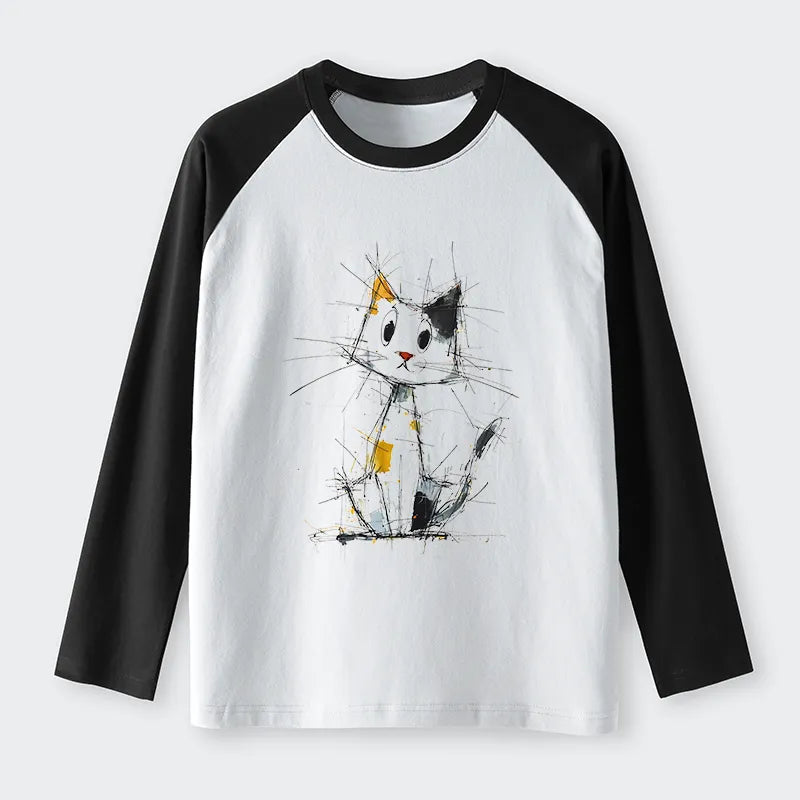 Kyoto-Lion Minimal Splash Ink Cute Cat Raglan Long Sleeve T-shirt