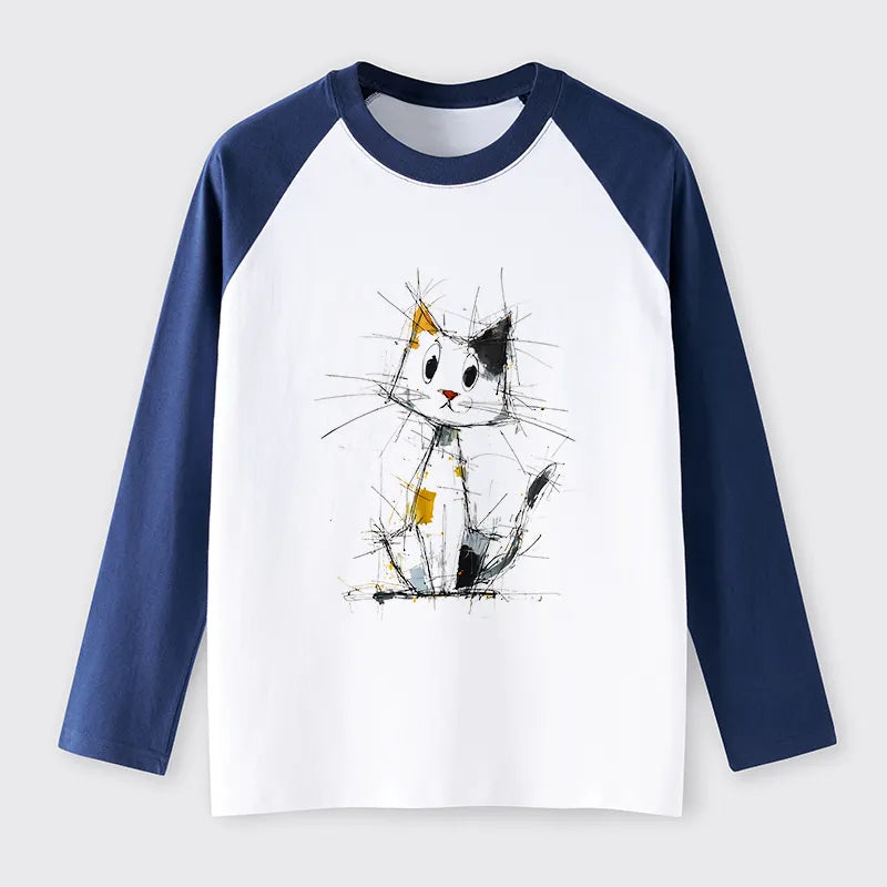Kyoto-Lion Minimal Splash Ink Cute Cat Raglan Long Sleeve T-shirt