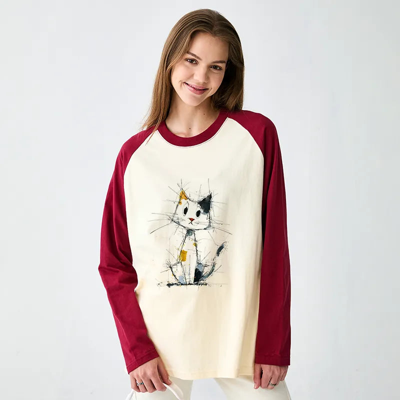 Kyoto-Lion Minimal Splash Ink Cute Cat Raglan Long Sleeve T-shirt