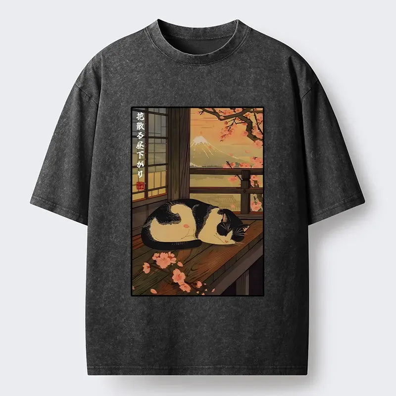 washed mount fuji t-shirt with sleeping cat