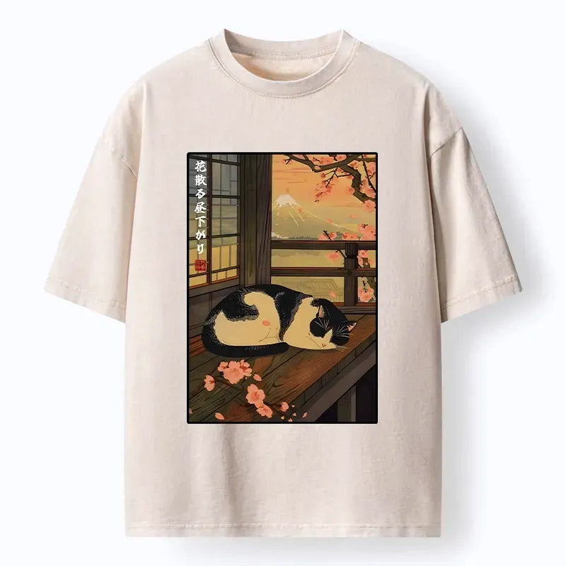 washed mount fuji t-shirt with sleeping cat