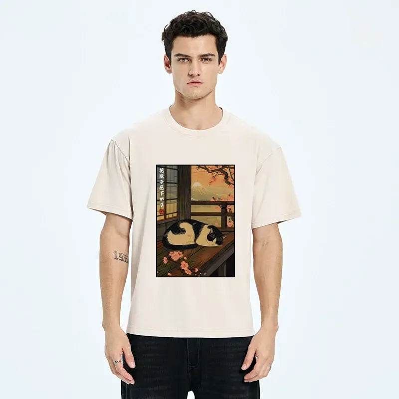washed mount fuji t-shirt with sleeping cat