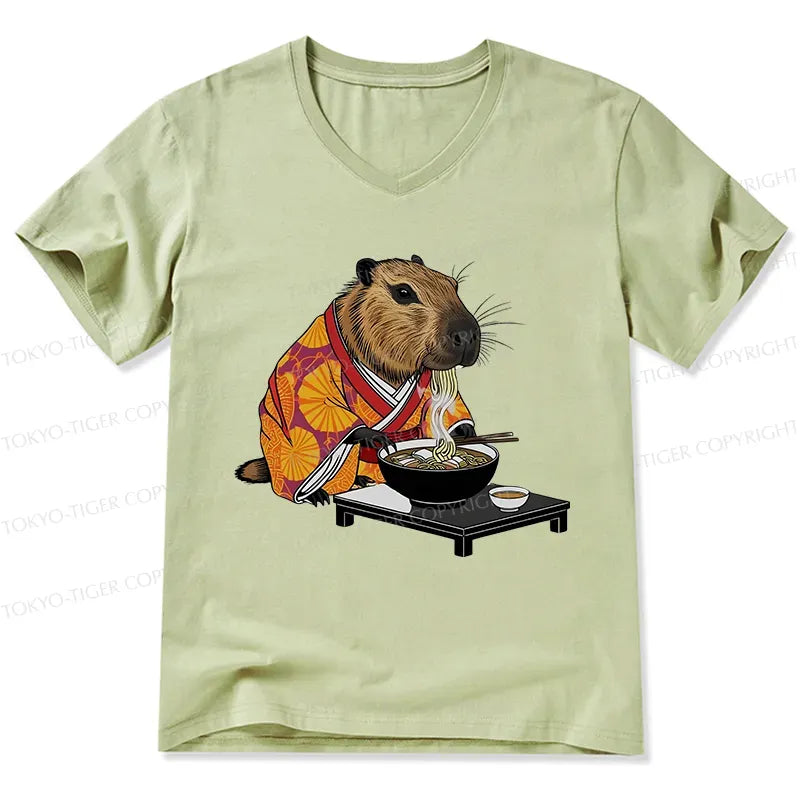 Funny Capybara Eating Ramen V-Neck Tee