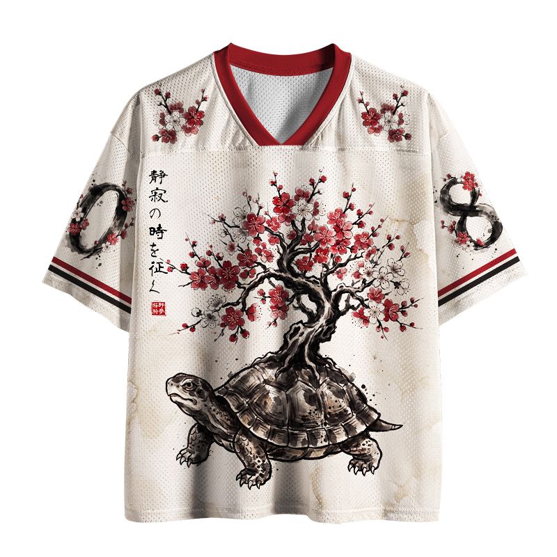 Kyoto-Lion Vintage Ink Tortoise Plum Tree Art Mesh Jersey