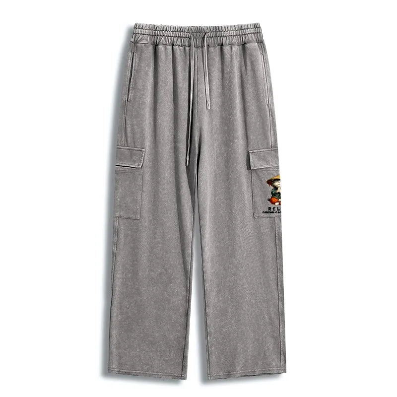 Kyoto-Lion Zen Relax Cat Graphic Washed Utility Sweatpants