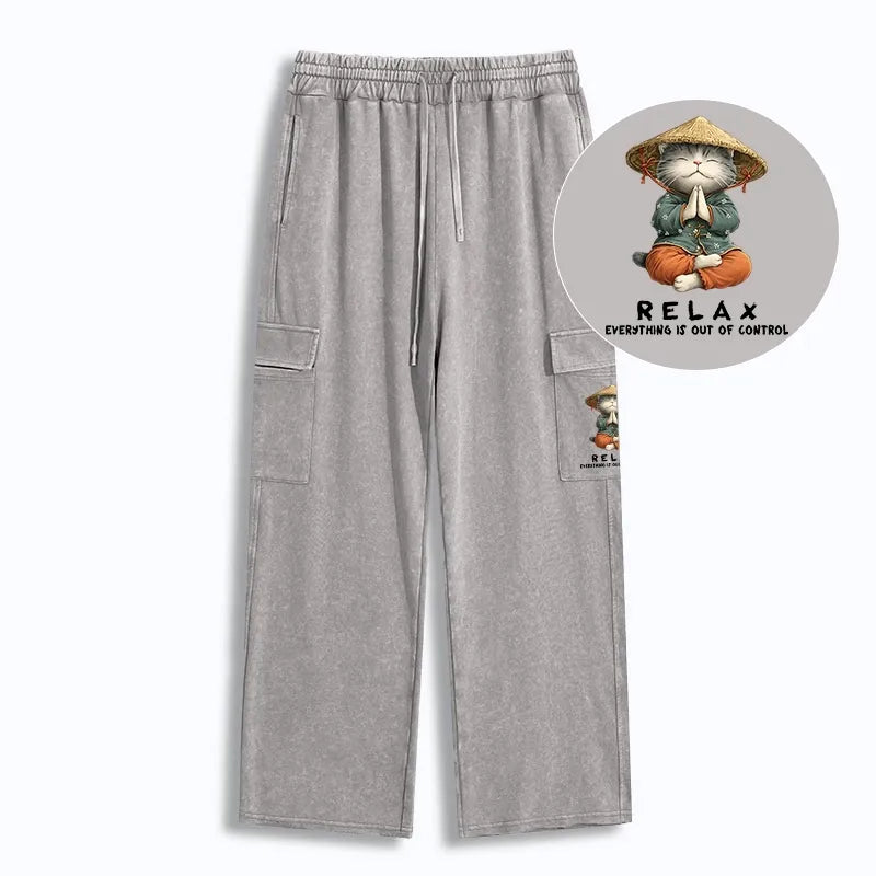 Kyoto-Lion Zen Relax Cat Graphic Washed Utility Sweatpants