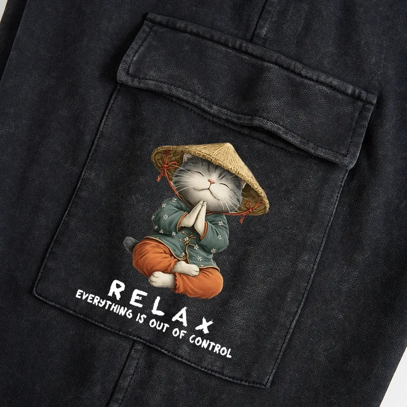 Kyoto-Lion Zen Relax Cat Graphic Washed Utility Sweatpants