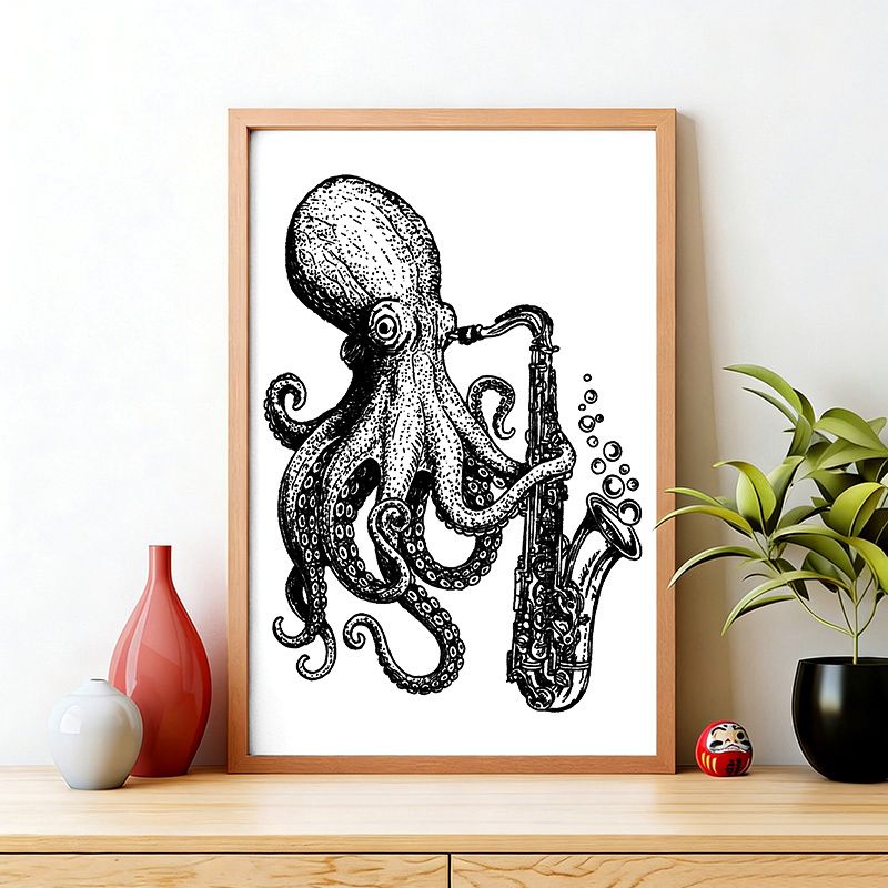 Kyoto-Lion Octopus Playing Saxophone Wall Art Poster
