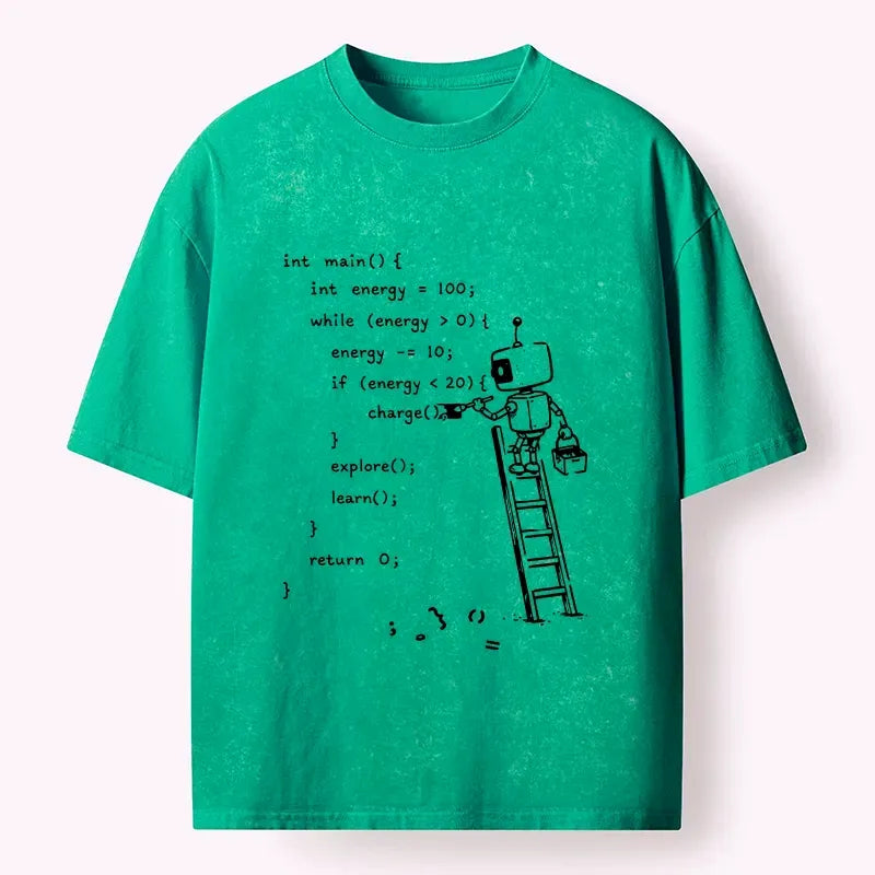 Kyoto-Lion Code Programmer Robot Washed T-Shirt