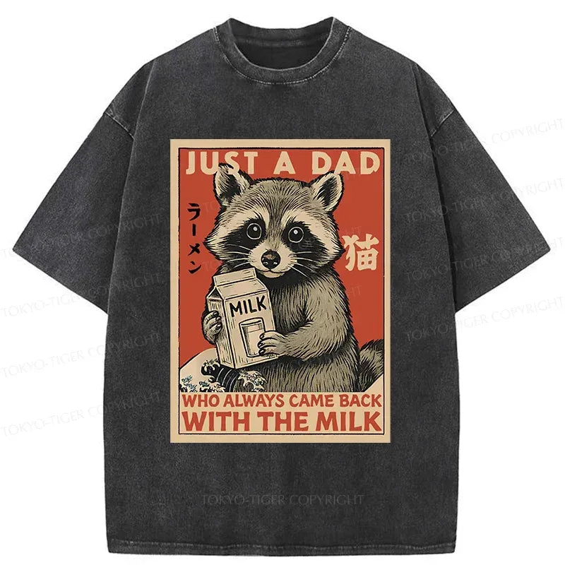 Kyoto-Lion Cute Raccoon Holding Milk Washed T-Shirt