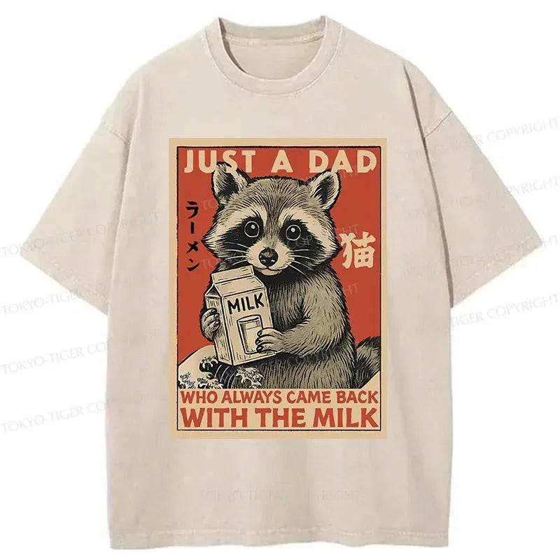Kyoto-Lion Cute Raccoon Holding Milk Washed T-Shirt