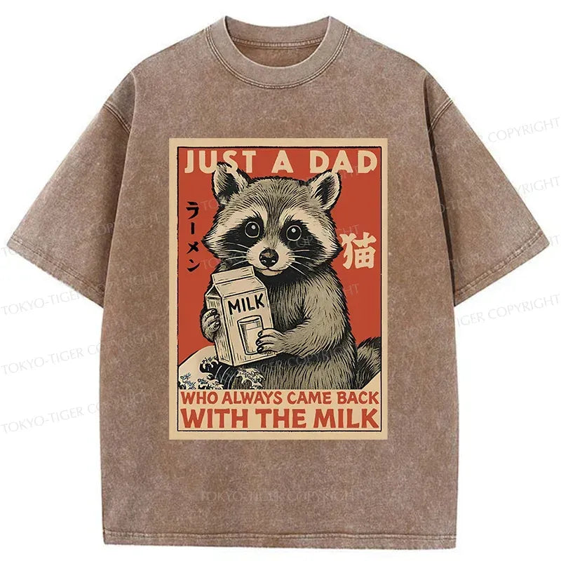 Kyoto-Lion Cute Raccoon Holding Milk Washed T-Shirt