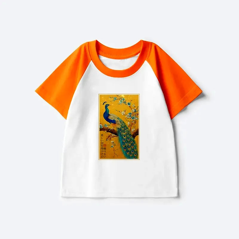 Kyoto-Lion The Peacock's Silent Elegance Kids Raglan T-shirt