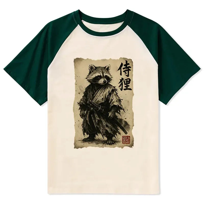 Kyoto-Lion Retro Raccoon Samurai Raglan T-shirt