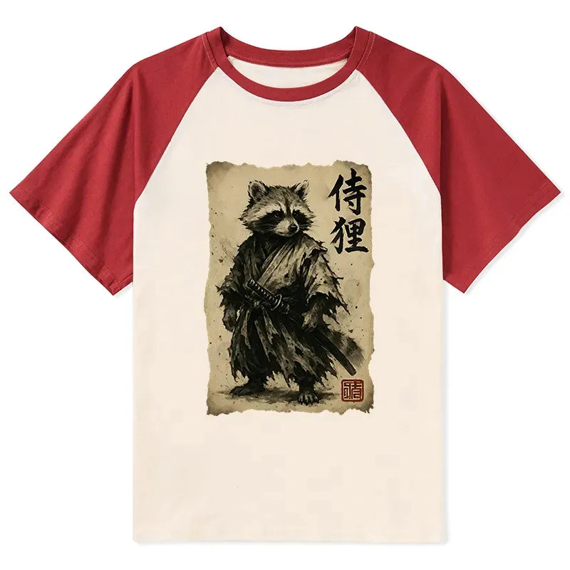 Kyoto-Lion Retro Raccoon Samurai Raglan T-shirt