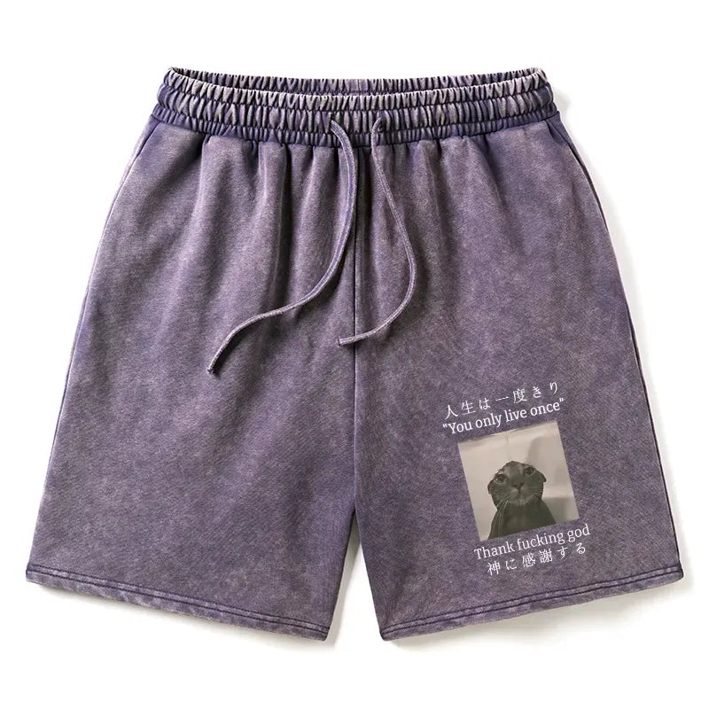 Japanese funny cat washed shorts for casual wear