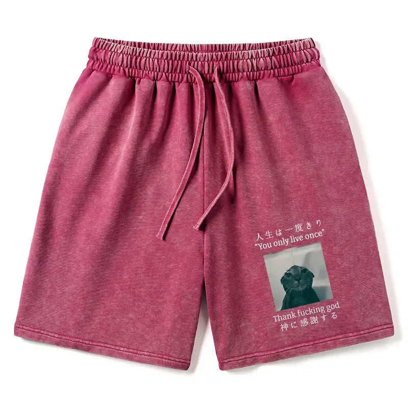 Japanese funny cat washed shorts for casual wear