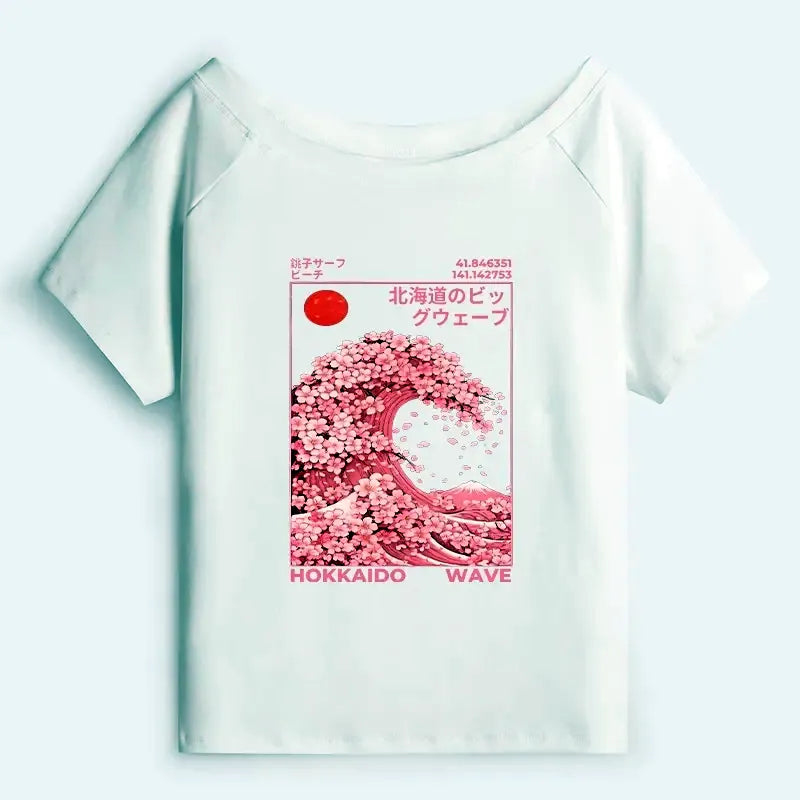 Kyoto-Lion Sakura Wave Off Shoulder T-Shirt