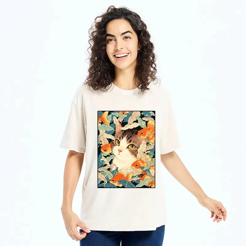 Kyoto-Lion Cat Surrounded By Goldfish Washed T-Shirt