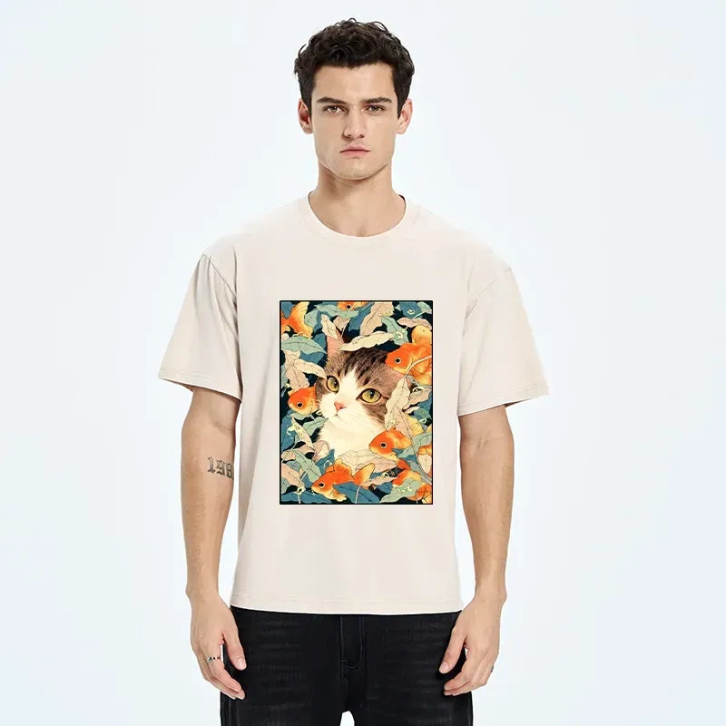 Kyoto-Lion Cat Surrounded By Goldfish Washed T-Shirt