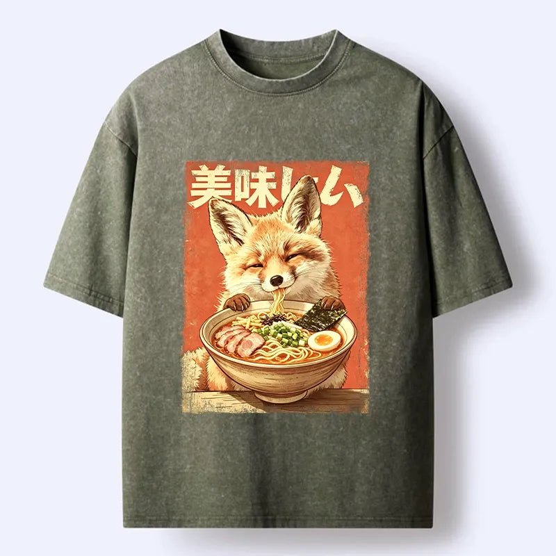 Kyoto-Lion Ramen Loving Fox Art Washed T-Shirt