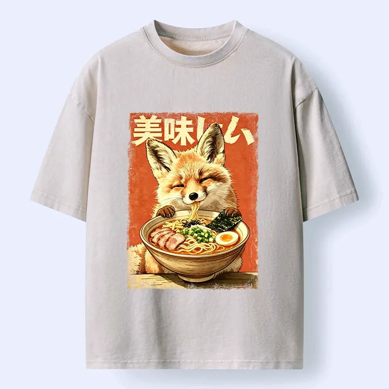 Kyoto-Lion Ramen Loving Fox Art Washed T-Shirt