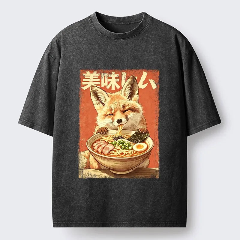 Kyoto-Lion Ramen Loving Fox Art Washed T-Shirt