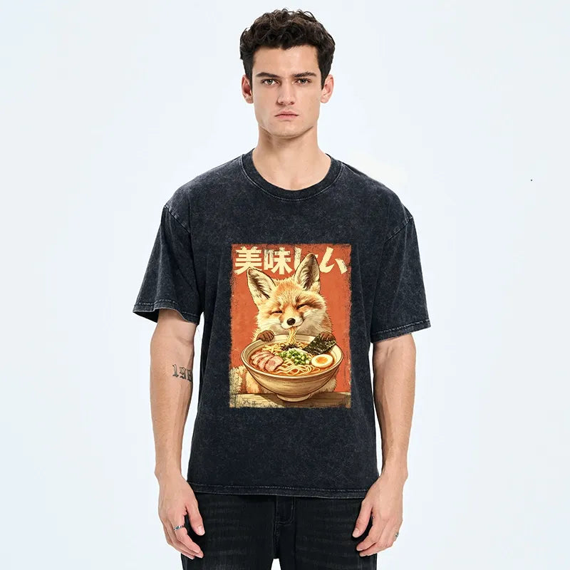 Kyoto-Lion Ramen Loving Fox Art Washed T-Shirt