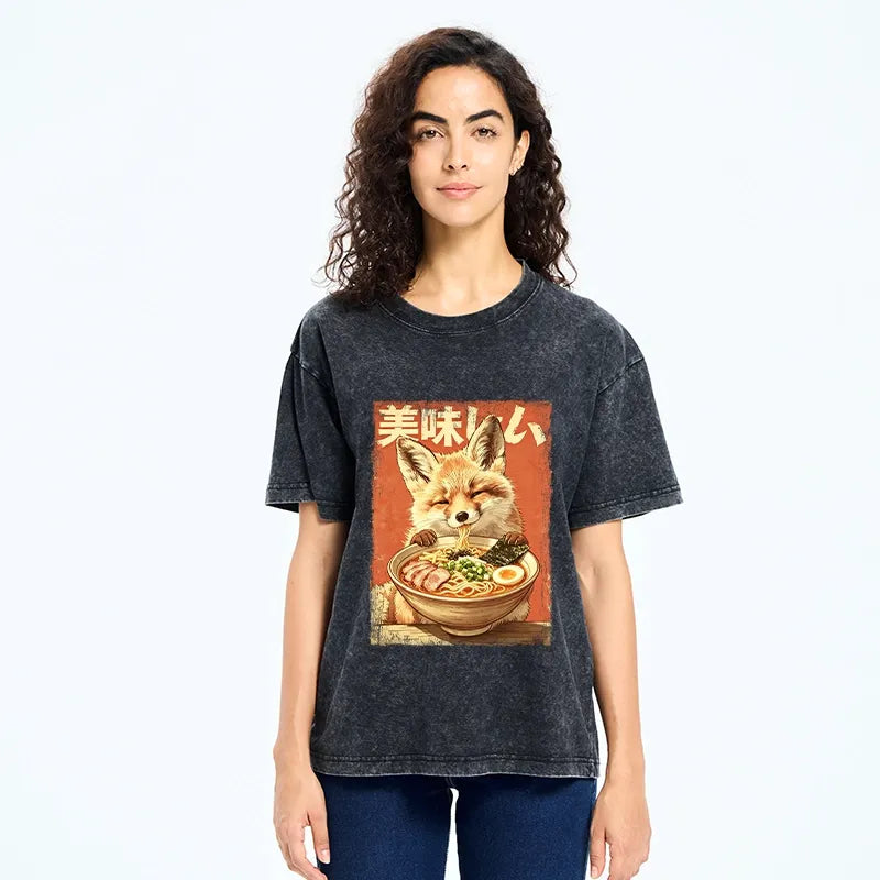 Kyoto-Lion Ramen Loving Fox Art Washed T-Shirt