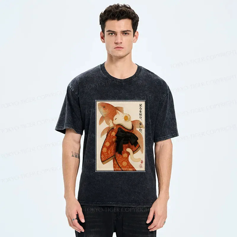 Trendy Ukiyoe Cat Fish Tee for Gift Idea