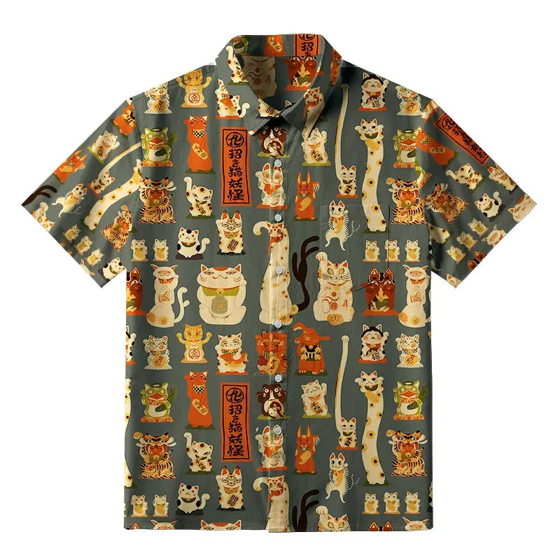 Kyoto-Lion Various Japanese Lucky Cats Button-up Shirt