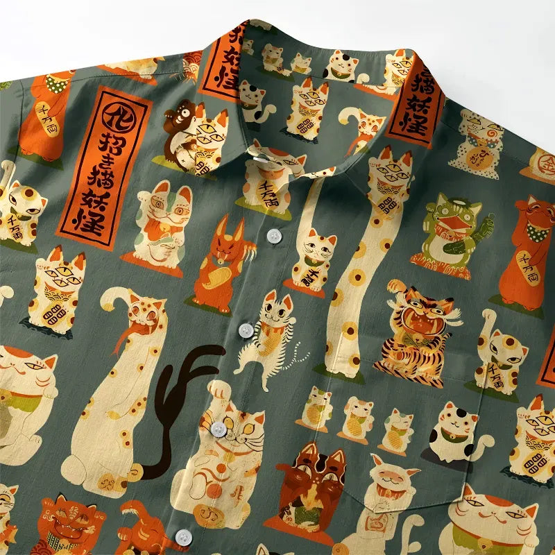 Unisex Soft Cotton Lucky Cats Button-up Shirt