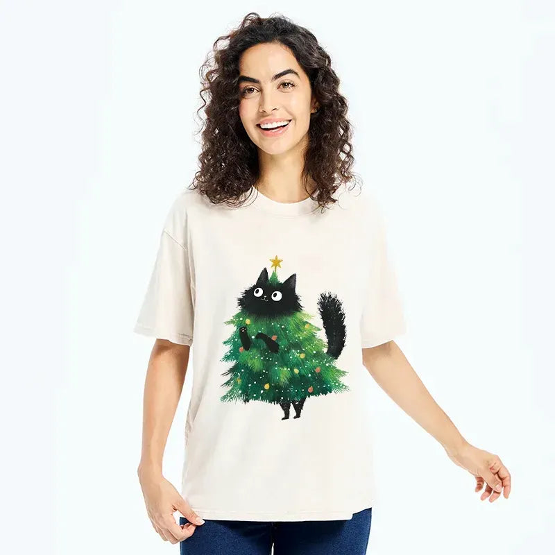 Kyoto-Lion Christmas Tree Cat Japan Washed T-Shirt