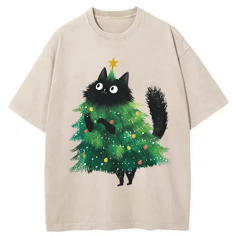 Japanese cat Christmas tree graphic tee