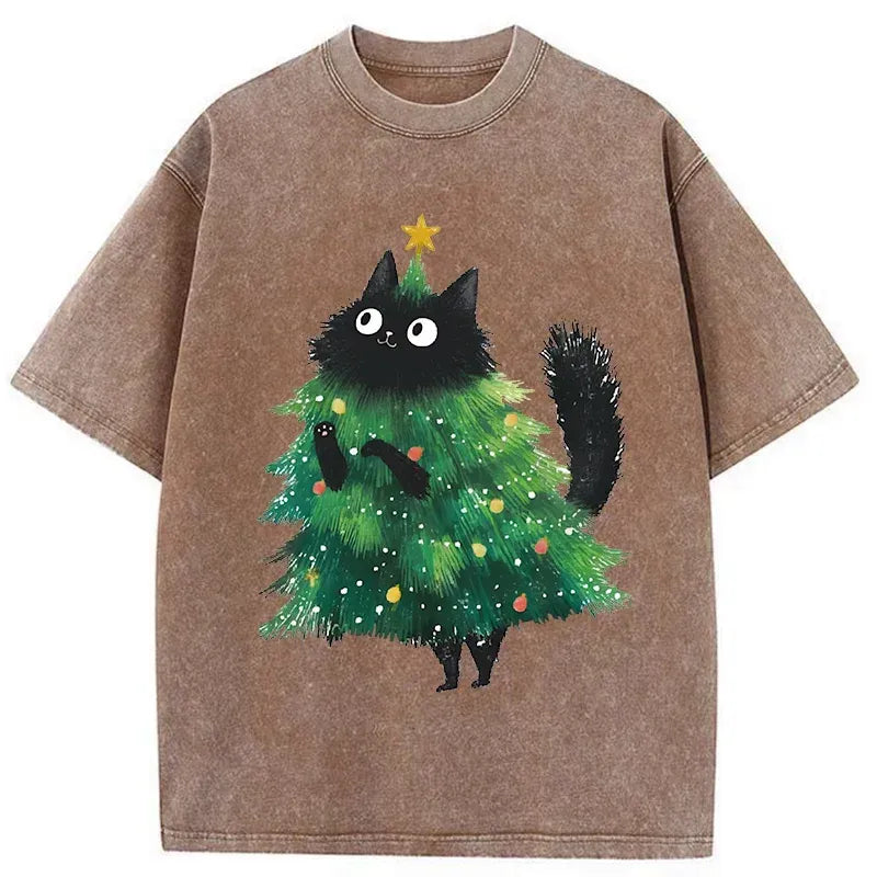 Kyoto-Lion Christmas Tree Cat Japan Washed T-Shirt