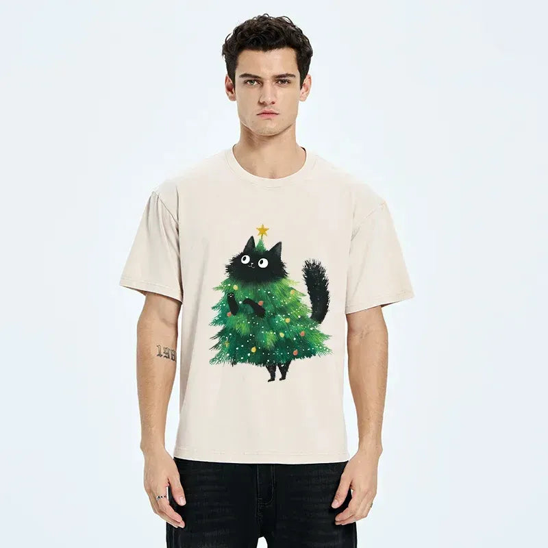 Japanese cat Christmas tree graphic tee