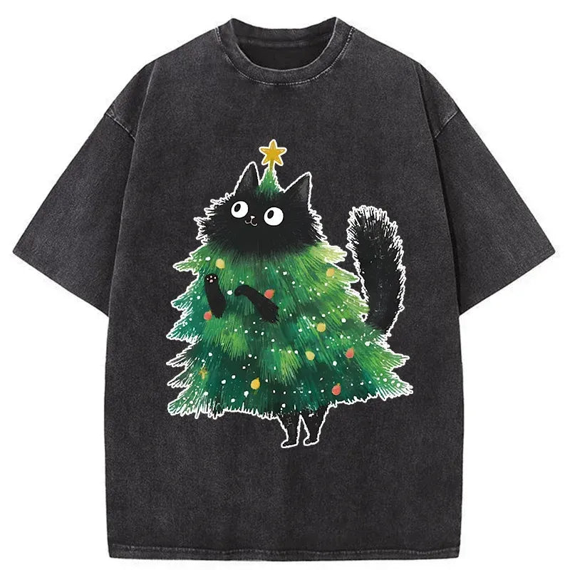 Kyoto-Lion Christmas Tree Cat Japan Washed T-Shirt