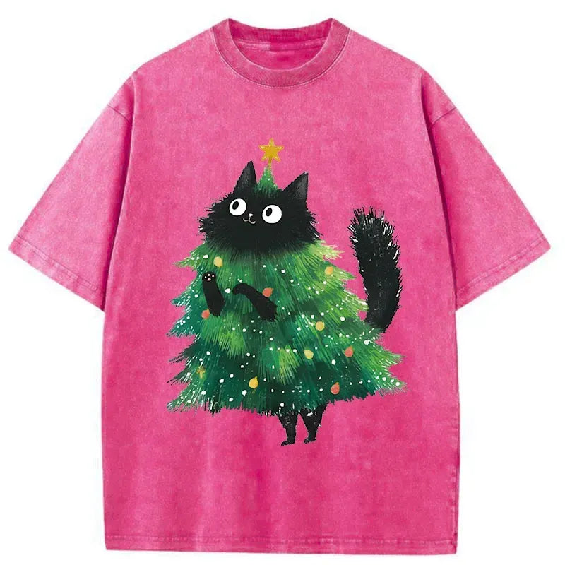 Kyoto-Lion Christmas Tree Cat Japan Washed T-Shirt