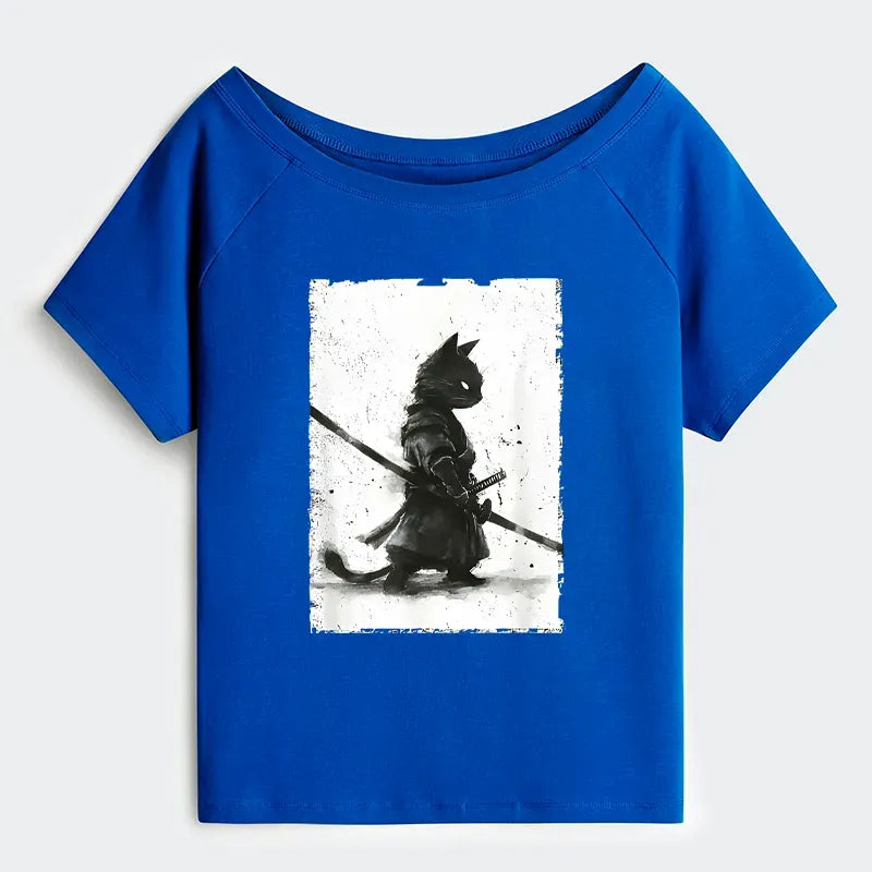 Japanese Samurai Cat Off Shoulder T-Shirt